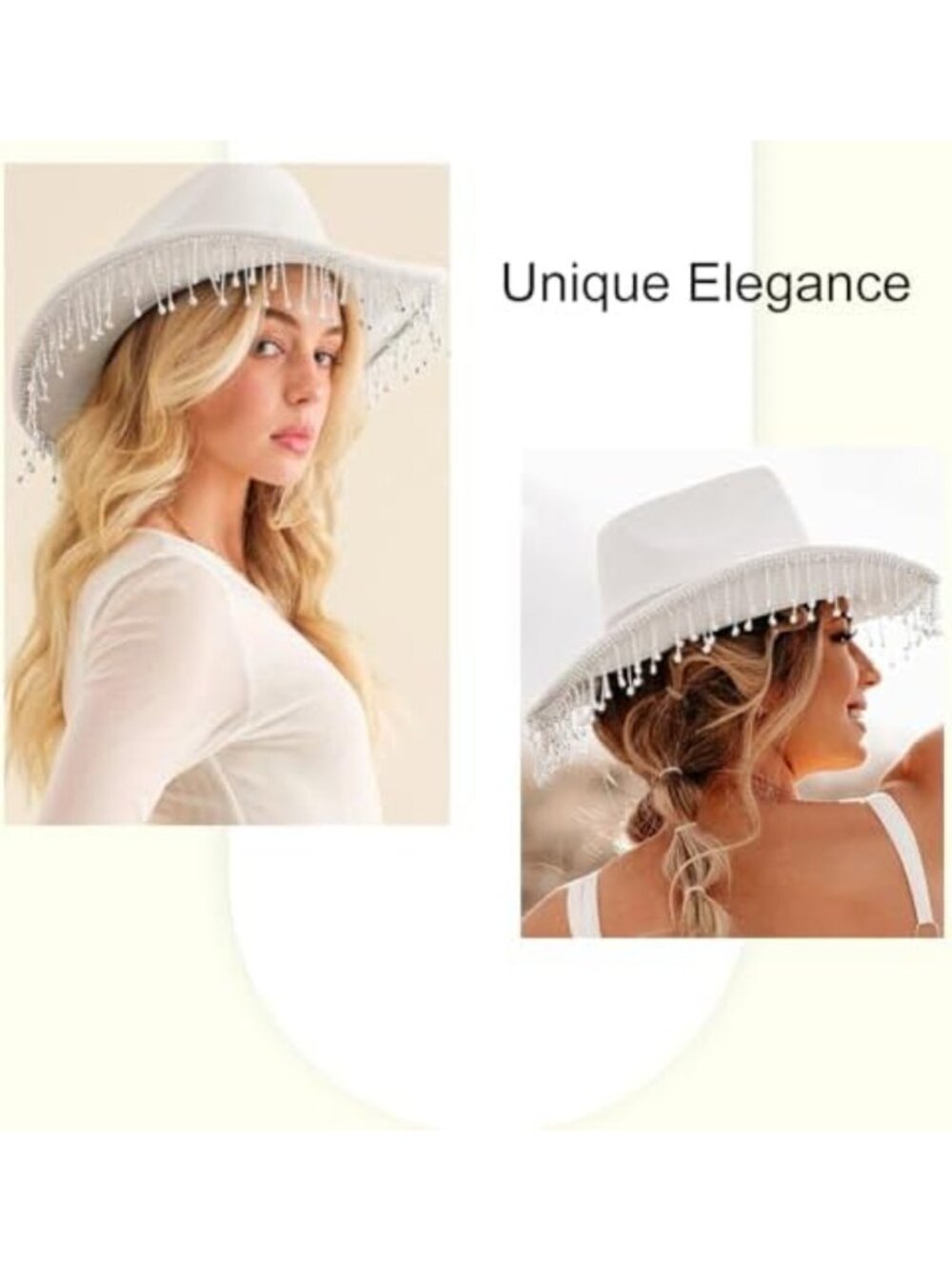 Rhinestone Fringe White Cowboy Hat with Chin Cord - Stylish Western Cowgirl - Picture 5 of 7